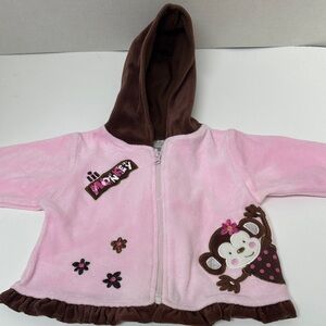 Baby essentials pink and brown velour zip up jacket with monkey size 3 months